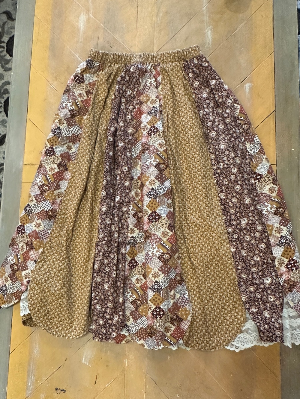 Vintage Gold Diggers Patchwork Prairie Midi Skirt Boho Cottagecore L
